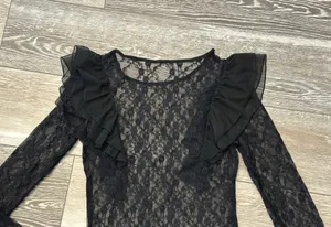 NWT SHEIN Sz S Sheer Black Lace Top w Ruffle Accents Cute! thumbnail 5