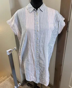 Madewell Button Down Longline Tunic Cap Sleeve Blouse Stripe Blue White‎ Red Top thumbnail 1