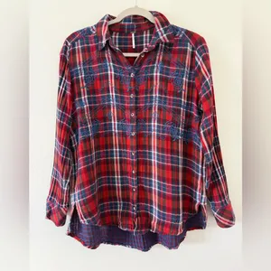 Free People Magical Plaid Boho Cottage Embroidered Cotton Button Down size small thumbnail 4