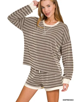Raised Rib Striped Pullover & Shorts Set – Espresso Large thumbnail 1