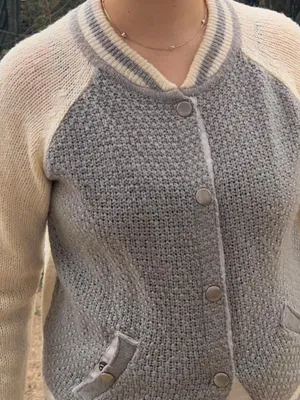 Gray & cream varsity cardigan. thumbnail 5