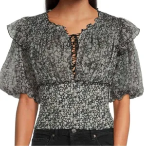 Free People Beatrice Mesh Blouse Top Floral Printed Ruffle Smocked Sz L thumbnail 3