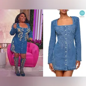 Avec Les Filles Western Embroidery Long Sleeve Straight Neck Denim Mini Dress thumbnail 3
