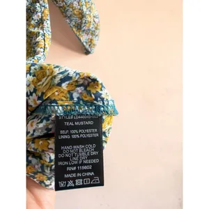 Lush Floral Mini Dress Teal Mustard Puffed Long Sleeve Sweetheart Tie XS‎ thumbnail 4