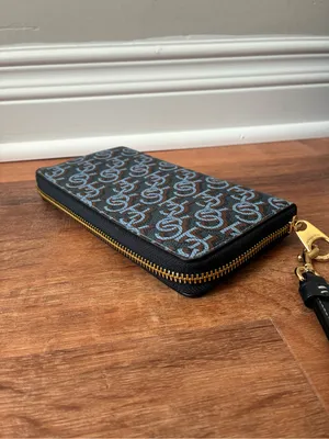 Coach Long Zip Around Wallet with Signature Monogram Print, Navy Blue / Gold thumbnail 11