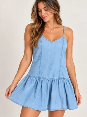 American Eagle Outfitters Light Blue Chambray Ruffle-Hem Mini Dress thumbnail 1