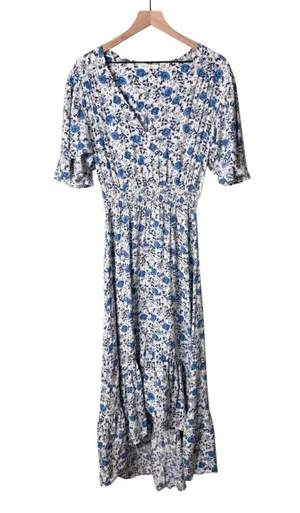 Abel The Label Hi-Lo Ruffle Hem Short Sleeve Floral Maxi Dress Blue White Medium thumbnail 1