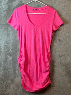 Michael Stars V Neck Ruched Side Mini Dress Hot Pink Size Large Summer‎ Cotton thumbnail 1