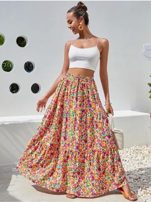 SheIn Multicolor Floral Tiered Maxi Skirt thumbnail 1