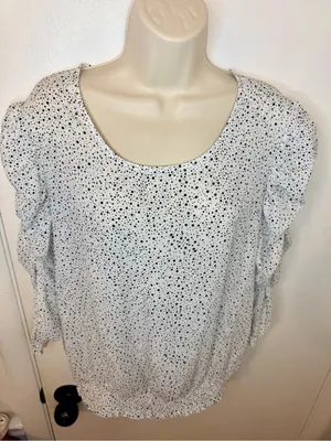 Adrianna Papell Polkadots Print Smocked 3/4 Sleeve Blouse White Black M thumbnail 4
