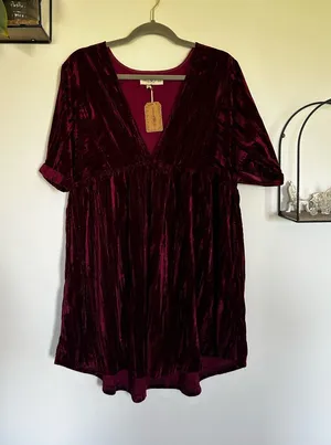 NWT‎ Natural Life Burgundy Crushed Velvet Short Sleeve Babydoll Mini Dress XS/S thumbnail 1