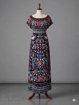 Flying Tomato Bohemian Floral Print Off-the-Shoulder Peacock Maxi Dress Size M thumbnail 3