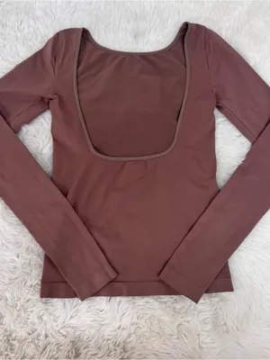 FREE PEOPLE Low Back Long Sleeve‎ Tee Top Medium Large Brown Seamless Ballet New thumbnail 4
