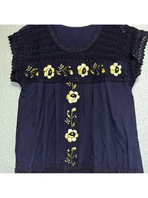 Vintage floral embroidered black dress embroidered yellow flowers Cottagecore thumbnail 3