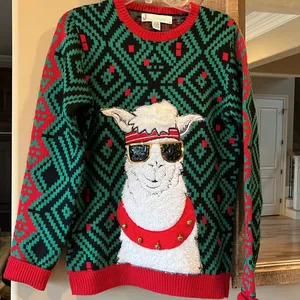 Christmas Jolly Sweater Llama Jingle Bell Green Red Sequins Ugly Oversized thumbnail 7