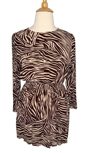 H&M Women's Zebra Print Long Sleeve Cinched Waist Mini Dress Size 14 thumbnail 1