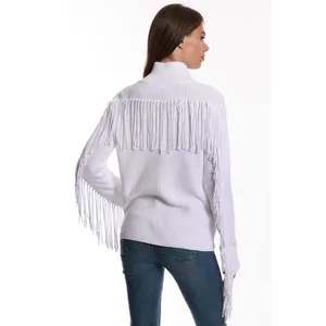 Minnie Rose White Cotton Shaker Mock Neck Zip Up Fringe‎ Jacket 8912 New thumbnail 2
