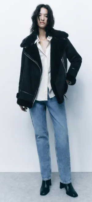 [Zara] Black Faux Fur Suede Double-Faced Oversized Moto Jacket Blogger Fave XS thumbnail 1
