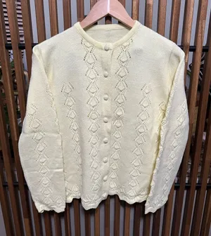 Vintage Handmade Butter Yellow Diamond Pointelle Cardigan Sweater Scalloped Hem thumbnail 1