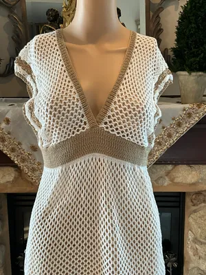 Beautiful White And Tan Beach Cover Up Dress L thumbnail 2