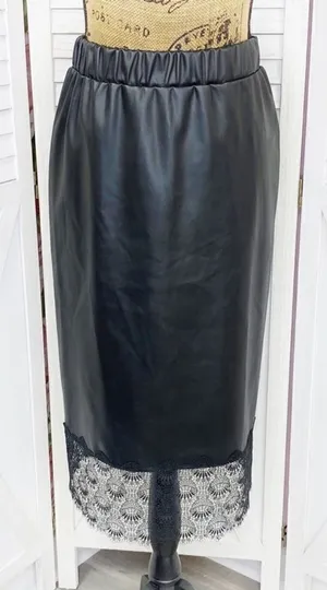 Michael Kors Lace Trim Faux Leather Slip Skirt‎ Black Midi Pencil Elastic XS thumbnail 1