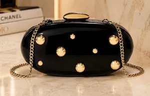 A new day Black Glossy Hard Shell Clutch Gold Studs Evening Bag OS thumbnail 1