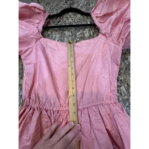 Vintage 80's Puff Sleeve Pink Taffeta Dress Square Neck Off Shoulder Handmade thumbnail 6