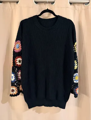 SHEIN Black Crewneck Sweater with Multicolor Crochet Flower Sleeves thumbnail 1