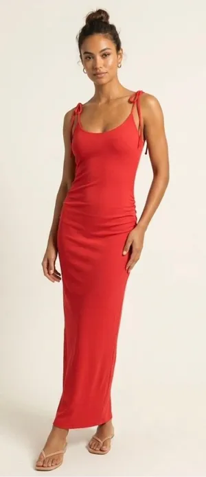 Staple & Hue Maxi Dress Women XS Red Ribbed‎ Knit Tie Shoulder Ruched Bodycon thumbnail 1