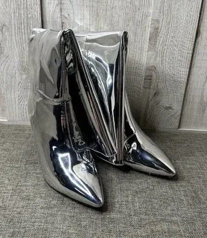 Womens Wetkiss Shiny Silver Knee High Stiletto Heels Pointed Toe Boots Size 7.5 thumbnail 1