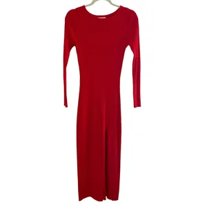 line and dot red long sleeve maxi‎ dress with slit XS thumbnail 2