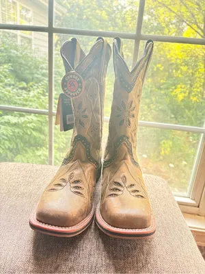 Laredo Tan and Brown Western Cowboy Boots with Embroidered Stitching thumbnail 2