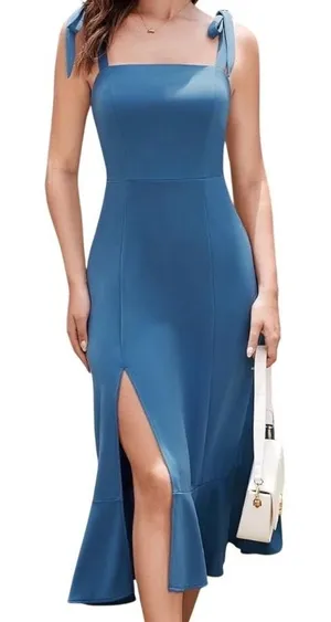 Blue Tie Shoulder Ruffle Hem Midi Dress 2XL Sleeveless Slit Cocktail Party thumbnail 1
