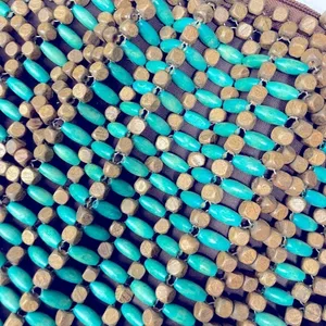 Vintage 80’s Wooden Beaded Purse Turquoise & Natural Wood Handbag Boho thumbnail 4