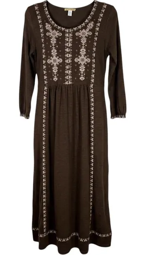 Sweet Magnolia Embroidered Long Sleeve Midi Dress M Brown Boho Peasant Cottage thumbnail 1