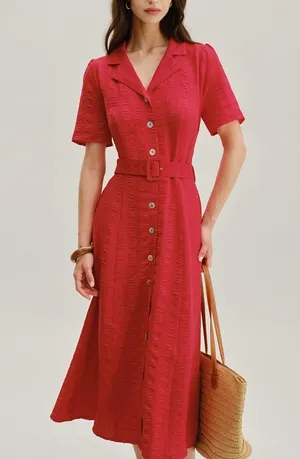 Rihoas Red Belted A-Line Midi Dress thumbnail 1