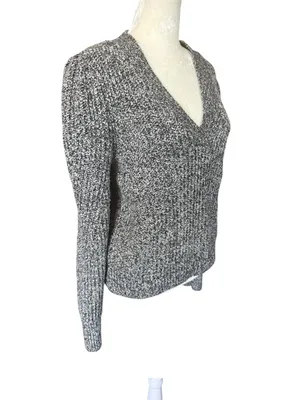 Loft black and white marled long sleeve v-neck stretchy pullover sweater M thumbnail 2