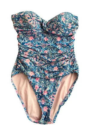 Lilly Pulitzer Floral Bandeau One Piece Swimsuit Blue Pink Ruched 12 thumbnail 1