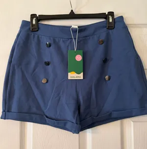 HALARA Blue High-Waist Double-Button Shorts size L more like M inseam 3” thumbnail 1
