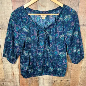 Blue Purple Paisley Peasant Blouse 3/4 Sleeve Boho Top Cottagecore Elastic Hem thumbnail 1