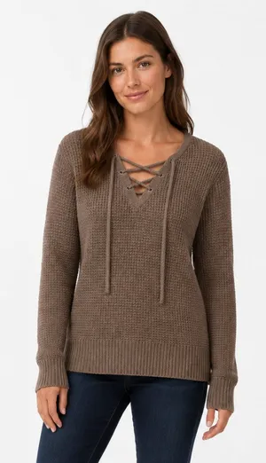 American Eagle Brown Open Knit Lace Up Sweater Women’s Small thumbnail 1