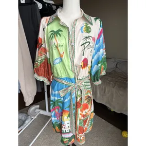 Tropical Patchwork Mini Dress XL Resort Print Designer Inspired Puff Sleeve thumbnail 5
