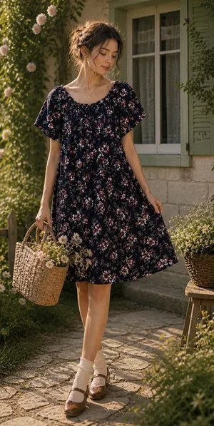 NWT Abercrombie Floral Babydoll Dress Navy Cottagecore Romantic Boho Flowy M thumbnail 1