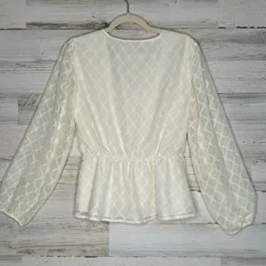 Elizabeth and James Cream Peplum Long Sleeve Peasant Blouse V-Neck Tie‎ Front Sm thumbnail 3