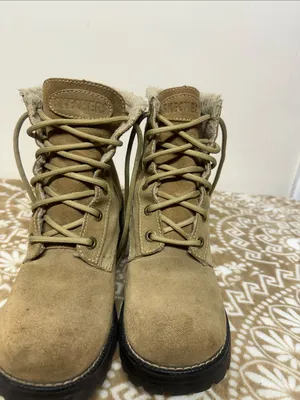 Skechers Tan Suede (Leather)Lace-Up Ankle Boots with Shearling Trim thumbnail 2