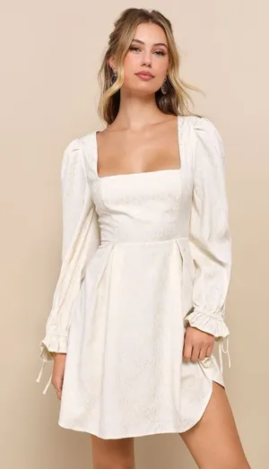 Lulus Elegant Adoration Cream Floral Jacquard Long Sleeve Mini Dress – Small NWT thumbnail 1