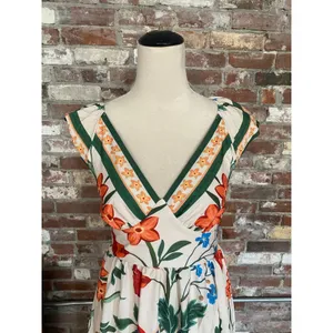 SHEIN Tropical Floral Maxi Dress XS Ruffle V-Neck Open Back Tie Sundress thumbnail 2