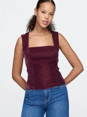 Gap velvet Tank top large Burgundy square neck, smocked sides holiday party NWT thumbnail 1