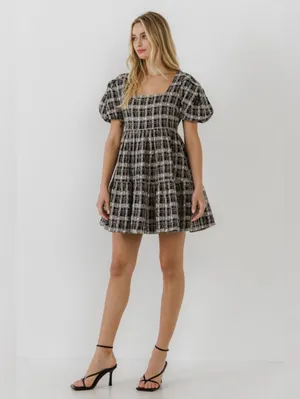 English Factory Colorful Tweed Square Neck Puff Sleeve Babydoll Dress Black Multi thumbnail 3