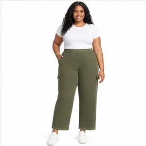 Terra & Sky Womens Plus Size 3X Olive Cargo Pants French Terry Wide Leg 28in thumbnail 2